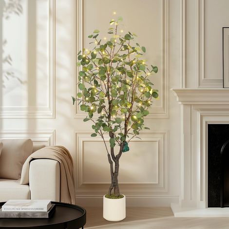 Eucalyptus Artificiel D'IntéRieur Avec 50 LumièRes Led, Plante Artificielle De 150 Cm En Pot Pour Une Utilisation IntéRieure Et ExtéRieure, Maison, Chambre, Bureau