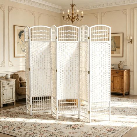 Biombo plegable de 6 paneles blanco en cuerda de papel y madera, separador de ambientes con diseño curvo para dormitorio, salón u oficina, sin montaje  CHICFURN (1/5)