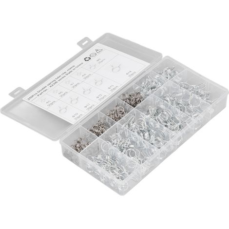 Schlauchschellen mit Federmechanismus für Gartenschläuche, 250 Stück, doppelt blau-weiß verdrahtet, korrosionsbeständig, verzinkte Stahlklammern, inklusive Aufbewahrungsbox (1/5)