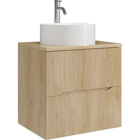 Mobile bagno sospeso scanalato con lavabo da appoggio rotondo e rubinetto Naturale chiaro 60 cm - ORISO (1/4)
