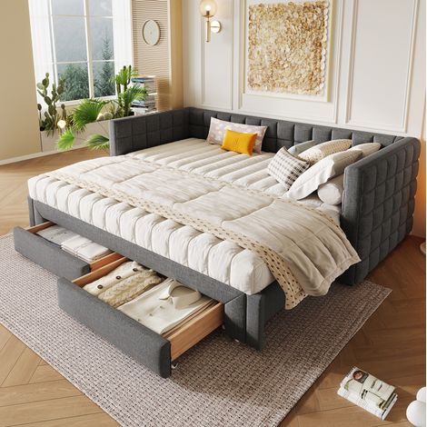 MEUBLIV Letto banquette 90x200 cm grigio – estensibile con 2 cassetti, senza materasso (1/5)