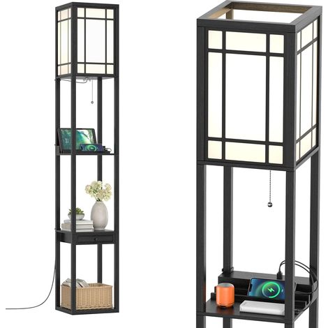 COSTWAY Lampadaire Etagère Salon 1,6M avec 2 Ports USB 1 Tiroir et 3 Etagères, Lampe sur Pied avec Douille E27 pour Chambre et Salon (1/5)