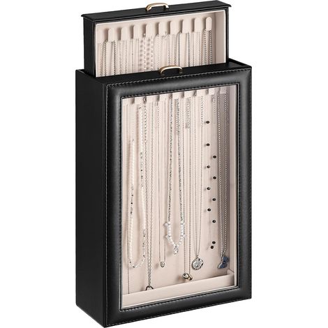 Organisateur de colliers, boîte de rangement à bijoux à 2 niveaux avec couvercle transparent, présentoir anti-nœuds pour colliers de femmes et de filles, noir (1/5)