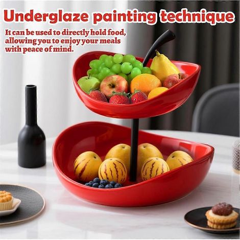 Coupe à fruits en céramique à double compartiment, présentoir à desserts rouge, table basse et assiette à apéritifs contrastée pour les fêtes (1/5)