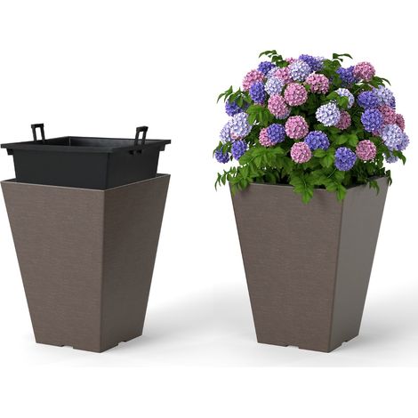 Vasi da fiori auto-irriganti da 35 cm con secchio interno rimovibile e fori di drenaggio Set di 2 vasi quadrati ed esterno per casa Marrone (1/5)