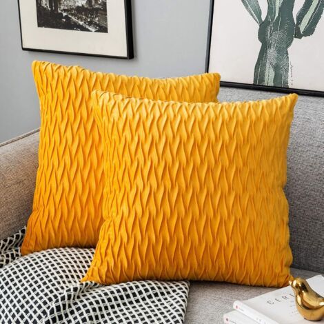 Housses Coussin en Velours 45x45cm pour Salon Canapé,Lot de 2 Housses Coussin Carrés de Motif uni Décoration Chambre,Jaune (1/5)