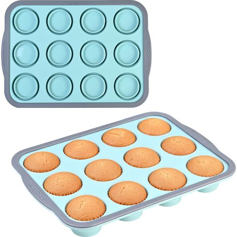2 Pièces Moule Muffins Silicone, 31x22,2x3,6 cm,12 Cupcakes,Moule Mini Muffin avec Cadre en Métal, Pliable Plateau à Muffins en Silicone, Moules à Cupcakes pour muffins Pudding (Bleu) (1/5)