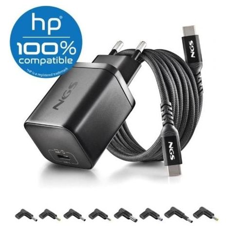 Cargador GaN de Portátil NGS BUD65W-H para HP/ 1xUSB Tipo-C/ 65W/ Automático/ 8 Conectores/ Voltaje 5-20V