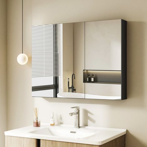 Boromal Spiegelschrank Bad 80 x 60 x 12,5 cm Badezimmer Spiegelschrank mit Innenspiegel Schwarz Metall Badezimmerschrank Hängeschränke mit Spiegel