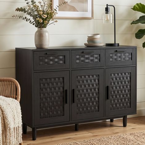 Buffet Enfilade Noir 3 Portes 3 Tiroirs Effet Tressé - Meuble de Rangement, Design Scandinave, 108x40x80 cm, pour Salon Chambre (1/5)