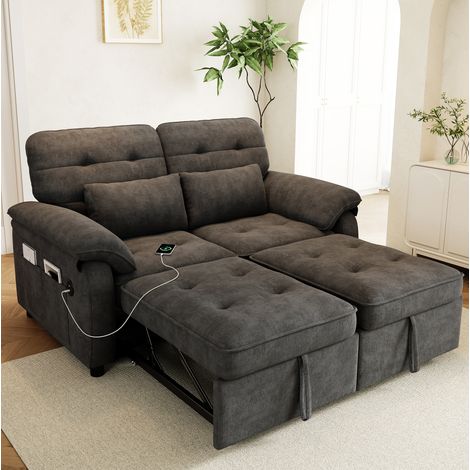 Sofá cama 2 plazas 3 en 1 con puertos USB y USB-C, respaldo ajustable, chenilla gris DESVIAE (1/5)