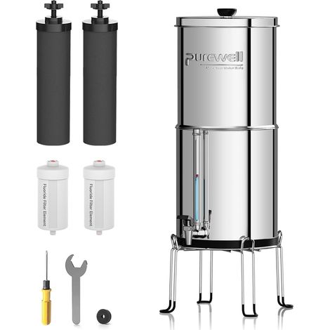 Filtre à Eau 5,7 litres par Gravité - Cuve Acier Inox 304 + 4 Filtres (Charbon/Fluor) - Robinet Visuel - Élimine 99% Fluorures/Chlore/Métaux - Sans Électricité (1/5)