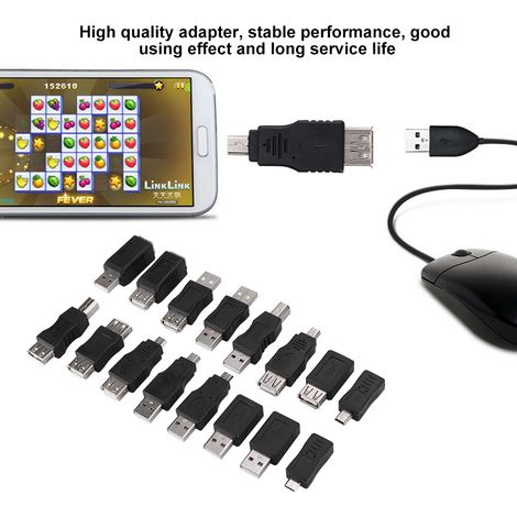 Adaptateur USB Mâle-Femelle Micro USB, 16 Pièces Convertisseur Universel USB 2.0
