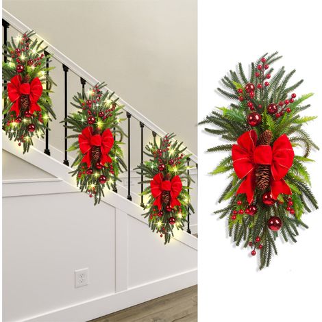Feston d'escalier de Noël rouge avec éclairage LED, ornement artificiel pour porte mur fenêtre, 60x30 cm, PVC tissu, 1 pièce (1/3)