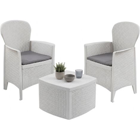 Dmora – Set salon de jardin Napoli – 2 fauteuils et table conteneur – Effet rotin blanc – 100% Made in Italy – Résistant aux intempéries