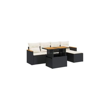 Salon de jardin 6 pcs avec coussins noir résine tressée acacia (1/5)