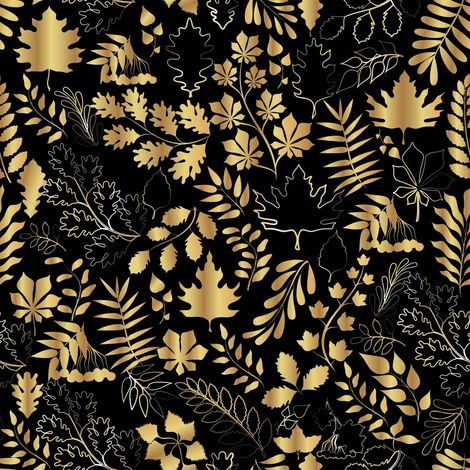 Tela decorativa para exteriores Oxford - motivo de hojas doradas sobre fondo negro I DR225 (1/5)