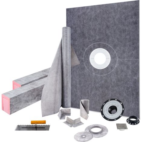 Kit receveur de douche 965x1524 mm seuil de douche étanche avec drain central PVC, grille acier inoxydable 10 cm, 2 bordures de douche et truelle découpables, bac de douche pour salle de bain (1/5)