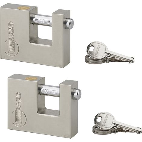 Set di 2 lucchetti LAND rettangolari 70 mm a chiave uguale, 6 chiavi – THIRARD (1/2)