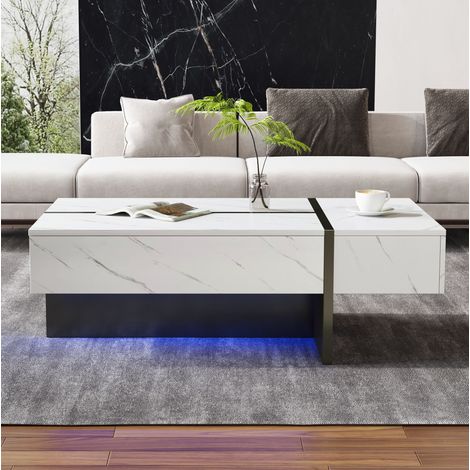 Tavolino 105x60x35 cm bianco in pannelli di legno, con LED e 3 cassetti FloraGrace (1/5)