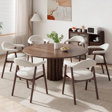 Lot de 6 chaises de Salle à Manger avec accoudoirs, Chaise rembourrée en Tissu Dossier incurvé et Pieds en Bois, Style Moderne des années 50 pour Cuisine et Salle à Manger, Beige (1/5)