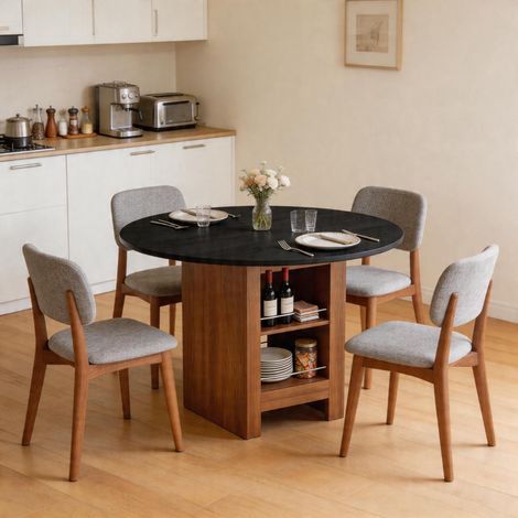 Table de salle à manger ronde moderne avec étagère de rangement, structure en métal et placage noyer, diamètre 100 cm, pour 2 à 4 personnes, idéale pour la cuisine, la salle à manger et les petits esp