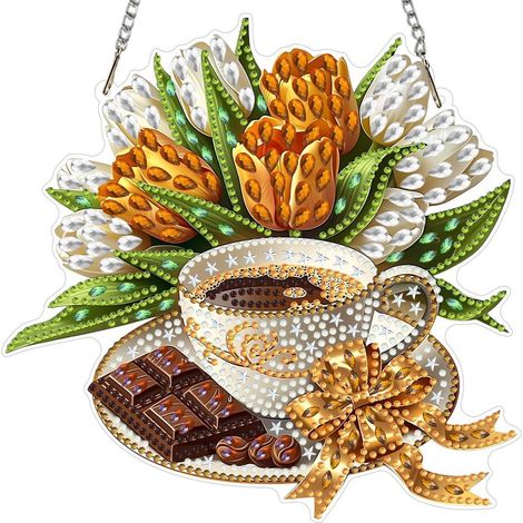 Diamond Painting Hängeornament Kaffee Tulpen mit Schokolade, Fensterbild Bastelset