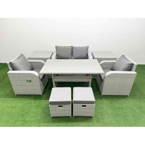 Fimous Light Grey PE Wicker Rattan Garden Furniture Set Sofa Set Reclining Chair Rectangular Dining Table 6 Seater 2 Small Stools 2 Side Table (1/4)