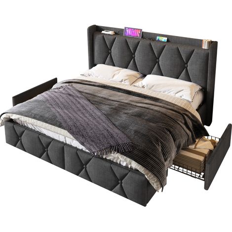 Lit coffre double 140x200 cm avec tête de lit, chargeur USB intégré, 4 tiroirs de rangement, sommier en bois, gris, matelas inclus (1/5)