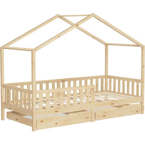 ML-Design Cama Infantil 90x200cm Forma de Casita Madera Natural Maciza de Pino con 2 Cajones con Somier de Láminas, Techo y Protección Anticaída, Cuna Baja de Suelo para Niños Litera Montessori Junior