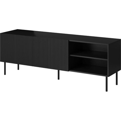 Meuble TV Molini, buffet de salon avec quatre portes battantes, surélevé du sol, 150x42 h52 cm, noir (1/4)