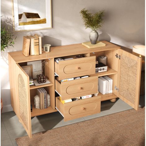 Buffet 140x40x80 cm en panneaux de bois et MDF naturel, avec rangement pour salon FloraGrace (1/5)