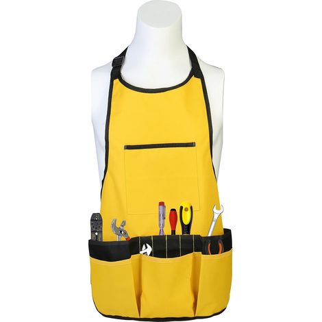 Tablier de jardin imperméable et résistant, ajustable, avec sac à outils jaune (1/5)
