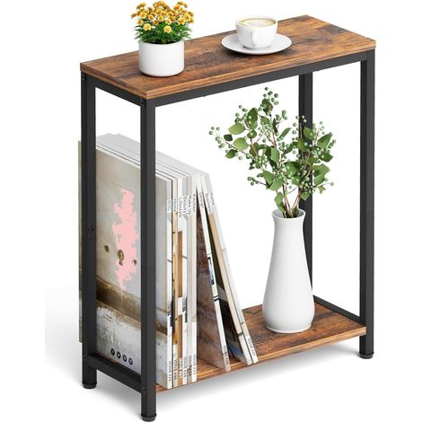 Petite table basse avec 2 étagères, table de chevet pour salon, chambre à coucher, canapé, marron rustique et noir