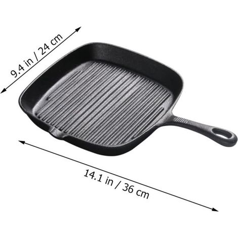 Quadratische Steakpfanne aus Gusseisen (24 x 24 cm), antihaftbeschichtet, geriffelt, mit einem 13 cm langen Griff zum Kochen auf dem Herd (1/5)