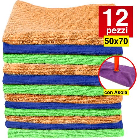 Trade Shop - 12 Panni Microfibra 50x70cm Panno Pulizia Multiuso Lava Pavimenti Con Asola - (1/5)