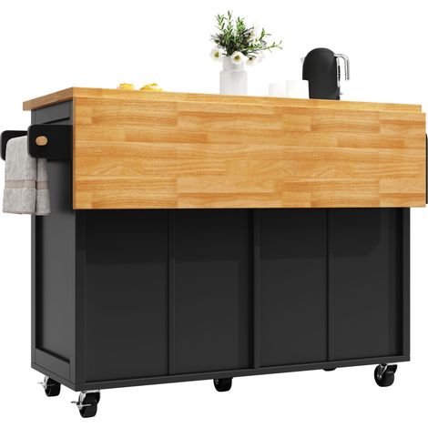 Modernluxe – Îlot central de cuisine mobile extensible 140x73x93.5cm – 2 tiroirs – 3 portes vitrées – étagères ouvertes – MDF noir (1/5)