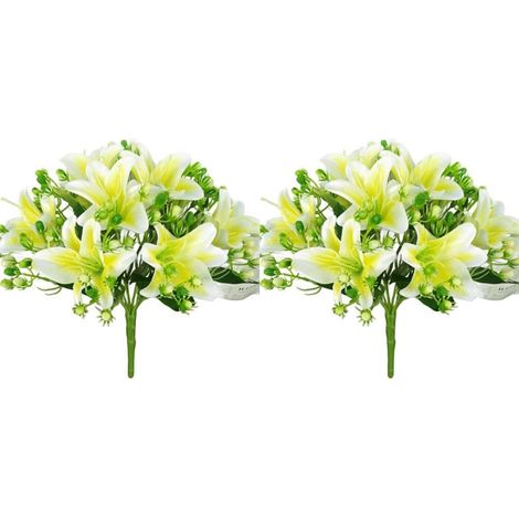 Lot de 2 fleurs de lys artificielles, 9 têtes réalistes en soie pour décoration d'intérieur, 33 cm, pour salon, centre de table, blanc, rose, bleu, jaune (1/5)