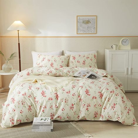 Parure de lit Style Jardin avec Housse de Couette 100% Coton Motif Floral Rose Style Shabby Chic pour Grand lit (1/5)