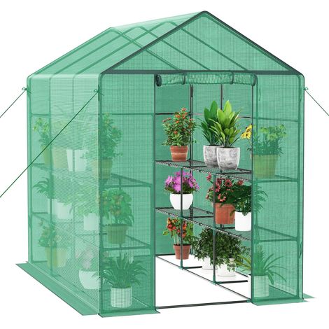 Serre en film plastique avec porte enroulable, serre à tomates 143 x 195 x 213 cm, 4 étagères, résistante à l'hiver, film grillagé en polyéthylène, abri de jardin pour plantes, légumes, fleurs (1/5)