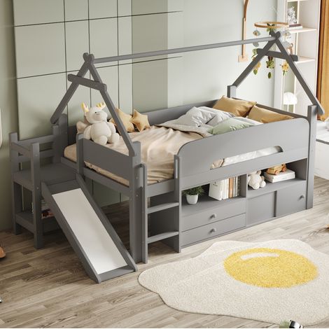 DESVIAE Lit mezzanine enfant 90 x 200 avec toît cabane toboggan de sécurité rangements tiroirs placards espace de jeu garde corps bois massif MDF gris (1/5)