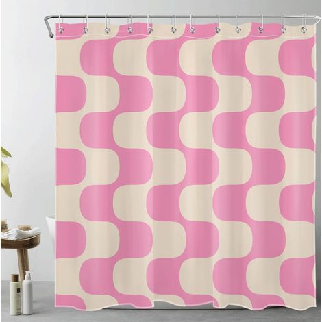 Moderne Rideaux de Douche 180x200cm Rose rayé sur Beige Vintage Rideaux de Bain avec Crochets,Art Abstrait Extra Longue Imperméable Polyester Anti Moule Salle de Bain Décor (1/5)