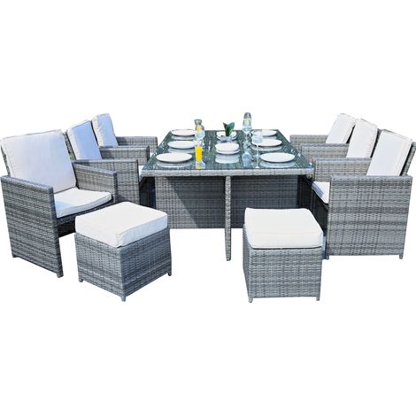 Abrihome Outdoor Rattan Garden Furniture 11 Pieces Dining Set Wicker Hand Weave Patio Table Chairs Set, Grey (1/5)