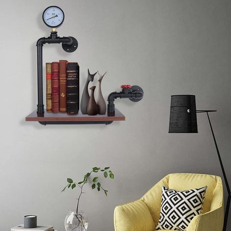 Étagère Murale industriels de Tuyau de Fer de Vent Support de Stockage, Charge Maximal 25KG, Tablette Flottant Bois et Métal, pour Bureau Salon Salle de Bains Cuisine, Marron Rustique et Noir (1/5)