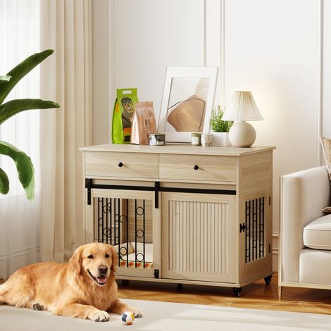 Cage pour chien sur roulettes, 2 portes, 2 tiroirs, pour chiens moyens et grands, bois, acier