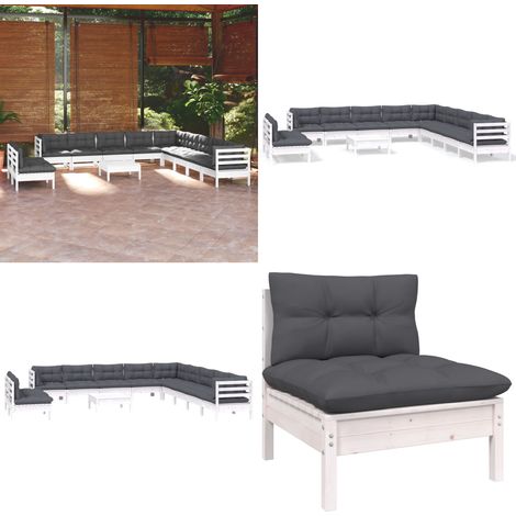 12-tlg. Garten-Lounge-Set mit Kissen Weiß Massivholz Kiefer - Garten Lounge Set - Outdoor Möbel - Kiefernholzmöbel - Gartenmöbel - Loungesessel - Home & Living