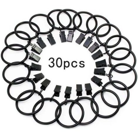 30 anelli per tende con robuste clip in metallo antiruggine per bastoni per tende, diametro interno 32 mm (neri)