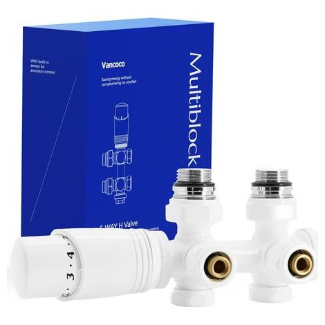 1 - Kit Multibloc - Vanne Thermostatique - Raccordement Central 50mm - Design Moderne En Laiton Massif Finition Blanche Pour Radiateur De Chauffage Salle De Bain Chambre Cuisine Blanc (1/5)