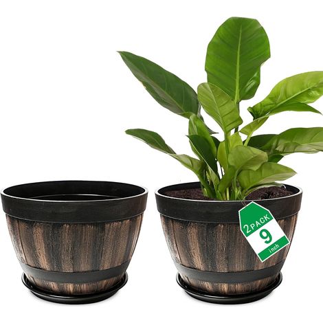 Lot de 2 pots de fleurs en plastique de 23 cm avec trou de drainage et soucoupe. Pots de fleurs décoratifs vintage en résine, design tonneau en bois pour intérieur et extérieur (1/5)