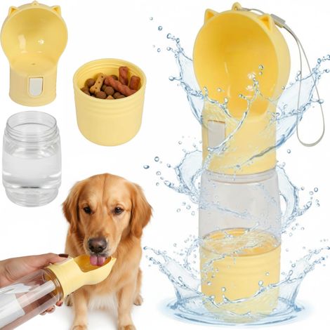 Borraccia da viaggio PER CANI, abbeveratoio portatile CON contenitore per cibo, 3 in 1, gialla (1/5)